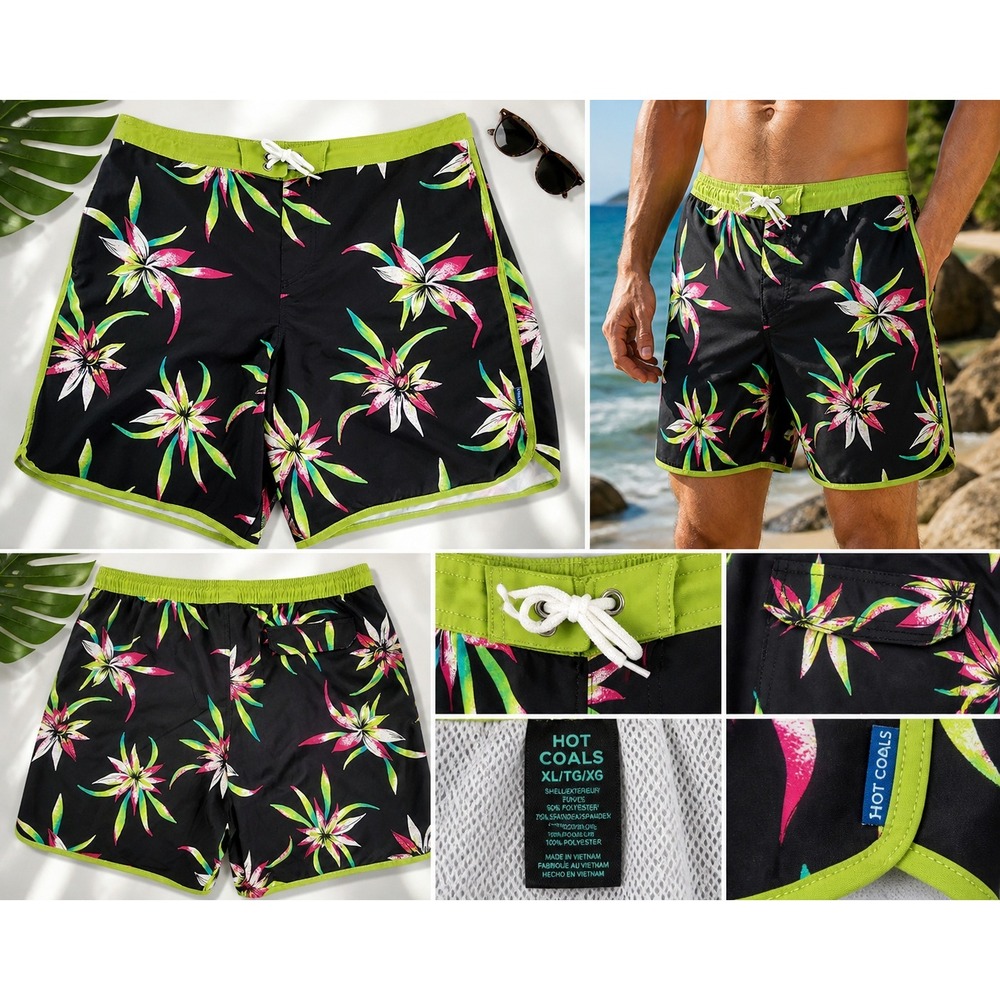 Hot Coals Board Shorts Mens XL Black Floral Neon Tropical Swim